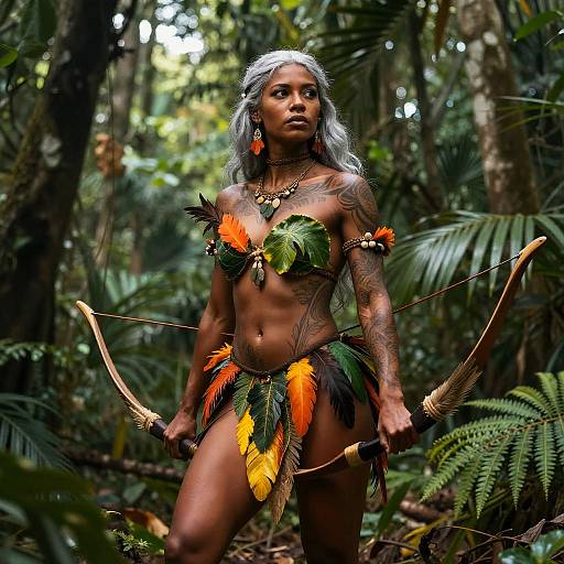 Photograph of a muscular, tattooed woman with silver hair in a jungle, wearing a colorful, feathered tribal bikini and holding a bow, surrounded