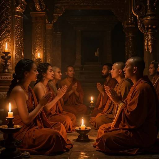 Photograph of Buddhist monks and nuns in orange robes, sitting in a dimly lit, ornately carved temple, praying with hands together, surrounded