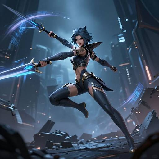Digital artwork of a fierce, blue-haired warrior woman in futuristic armor, wielding a glowing blue sword in a neon-lit, cyberpunk cityscape.