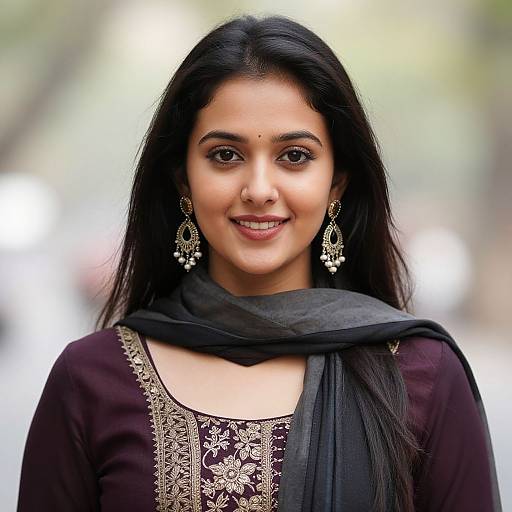 Photograph of a smiling Indian woman with long black hair, wearing a maroon embroidered top, black scarf, and ornate earrings, against a blurred