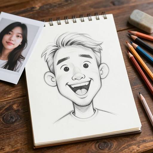 Photograph of a black-and-white ink sketch of a smiling young man on a spiral-bound notebook, with a reference photo and colored pencils on a wooden