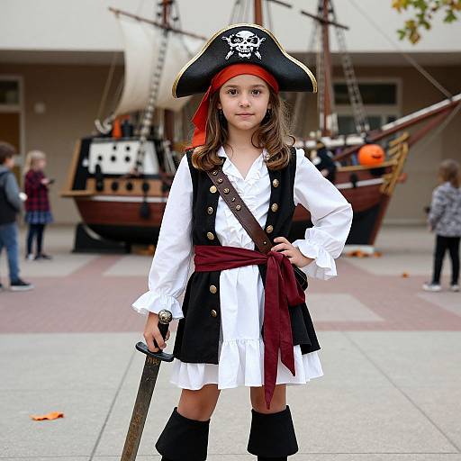 Photograph of a young girl dressed as a pirate with a black tricorn hat, white shirt, black vest, red sash, and black boots