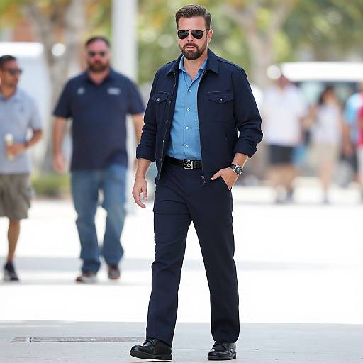 Photograph of a bearded man with short brown hair, wearing black sunglasses, dark denim jacket, light blue shirt, black pants, and black shoes