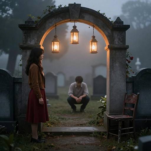 Misty Graveyard with Lantern Archway and Two Figures