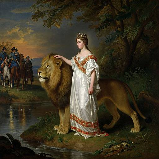 Classical painting of a crowned woman in white gown, gently touching a majestic lion by a river, with horses and riders in the background at sunset.