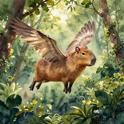 Digital fantasy artwork of a brown, winged beaver flying through a sunlit, lush forest with vibrant green foliage and yellow flowers.