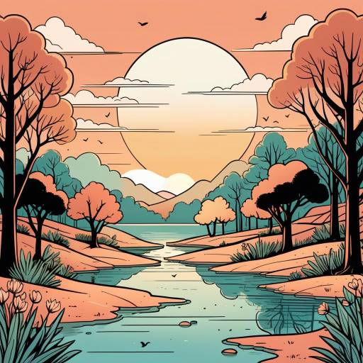 Sunset Over Serene River Landscape Illustration