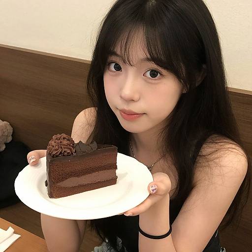 Young Woman Indulging in Chocolate Cake