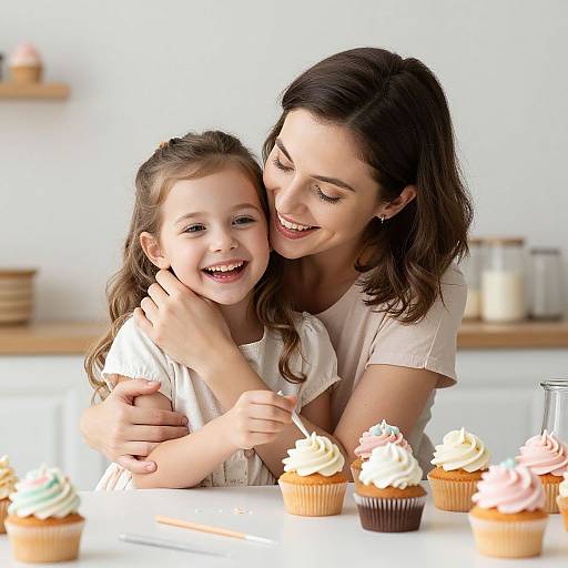 Photograph of a smiling brunette woman hugging a laughing young girl with brown hair, both wearing white, surrounded by colorful cupcakes on a white table.