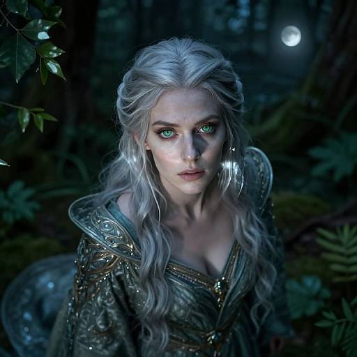 Digital artwork of a fair-skinned, silver-haired woman with piercing green eyes, adorned in intricate, metallic armor, standing in a dark, moonlit