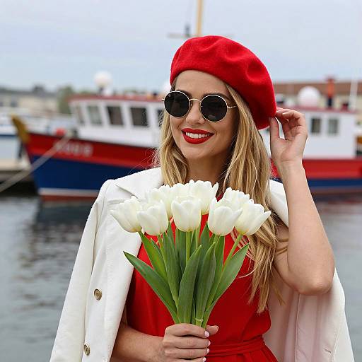 Smiling woman with white tulips by harbor