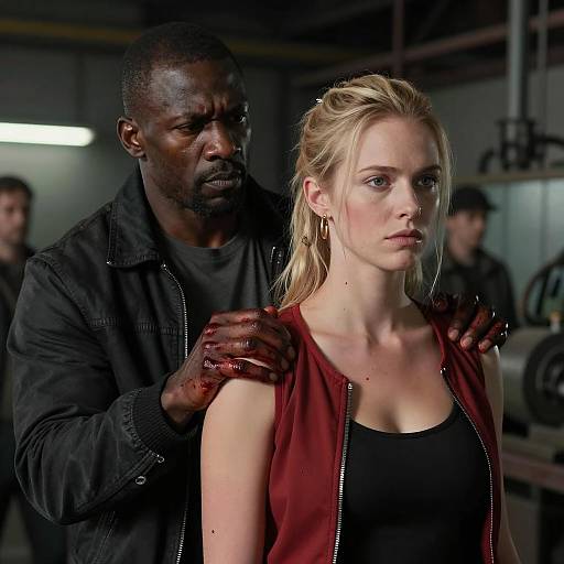 Intense Industrial Scene with Gritty Characters