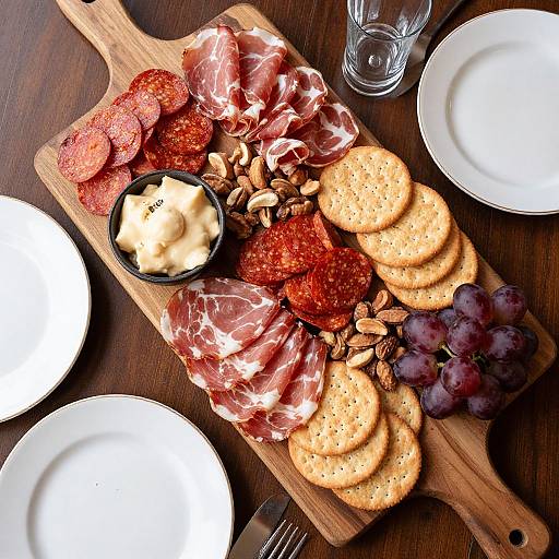 Photograph of a wooden board with sliced salami, strawberries, cheese, crackers, nuts, and grapes, surrounded by white plates and a glass.