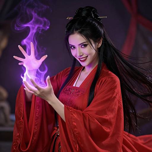 Photograph of an Asian woman with long black hair, wearing a red traditional kimono, smiling while conjuring a glowing purple flame in her hands.