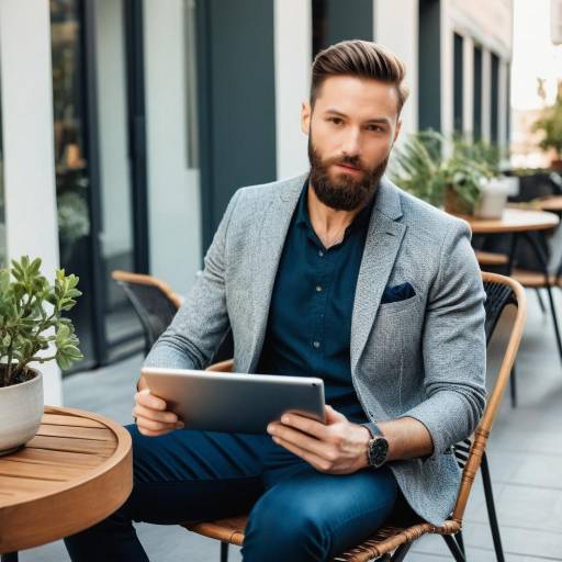 Young Man with Tablet in Outdoor Café