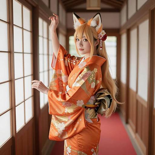 Asian Woman in Orange Kimono with Fox Ears in Japanese Hallway