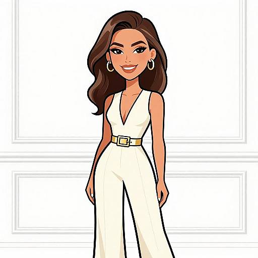 Cartoon-style drawing of a confident woman with long brown hair, wearing a white sleeveless jumpsuit, gold belt, and hoop earrings, standing against