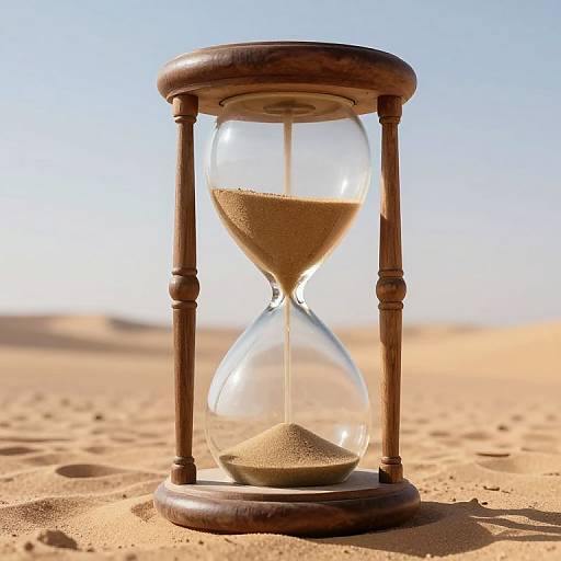 Photograph of a wooden hourglass on sandy desert, with clear glass showing grains of sand trickling from top to bottom.