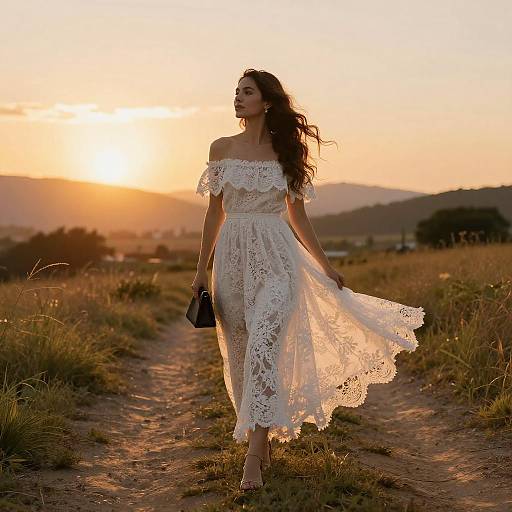 Photograph of a woman with long dark hair in a white lace off-shoulder dress, walking on a dirt path at sunset, holding a black