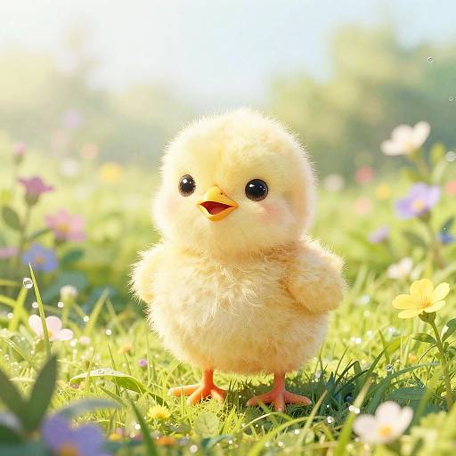 Joyful Chick in Whimsical Pastel Landscape
