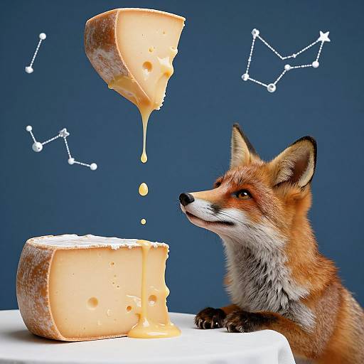 Photograph of a curious red fox with alert expression, looking up at melting cheese block against a blue background with constellation lines.