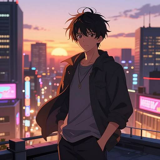 Anime-style drawing of a black-haired, androgynous young man with a casual outfit, standing on a rooftop at sunset, cityscape with colorful