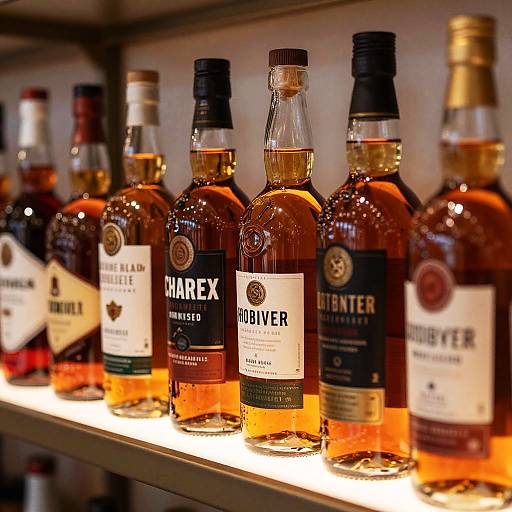 Row of Whiskey Bottles on Shelf