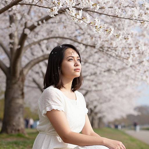 Photograph of an Asian woman with shoulder-length black hair, wearing a white lace dress, gazing upward at blooming cherry blossoms.