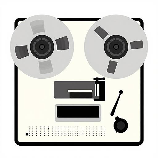 Digital illustration of a stereo amplifier with two gray, circular speaker grills, black central speakers, and control knobs on a white background.