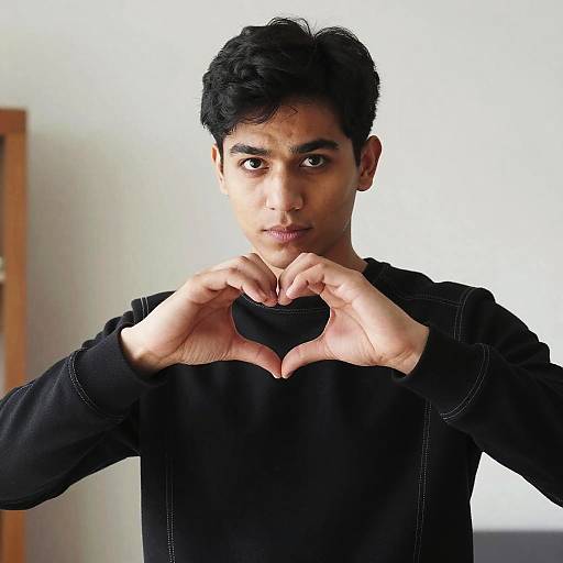 Photograph of a young South Asian man with dark hair, wearing a black sweatshirt, forming a heart shape with his hands against a white background.