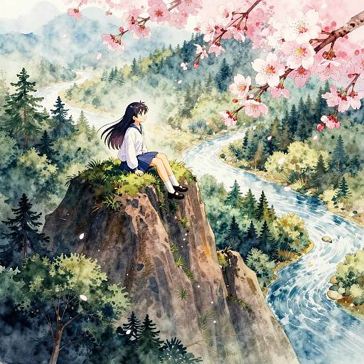 Anime-style digital painting of a girl with long black hair, white blouse, and blue skirt, sitting on a rocky cliff, overlooking a flowing river and