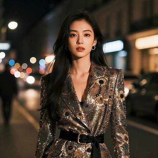 Photograph of an Asian woman with long black hair, wearing a glittering gold sequin blazer, black belt, and earrings, walking at night