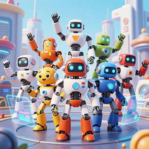 Digital art of colorful, robotic cartoon characters with glowing screens, standing in a futuristic cityscape, raising arms in excitement.