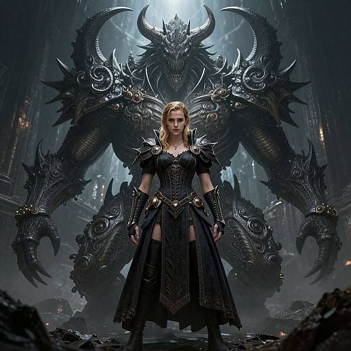 Digital artwork of a fierce, blonde, armored woman standing confidently in front of a massive, black, horned dragon in a dark, gothic cathedral