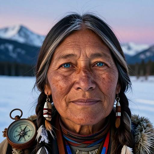 Photograph of an elderly Indigenous woman with long black hair, blue eyes, and weathered skin, wearing traditional earrings and a compass, in a snowy