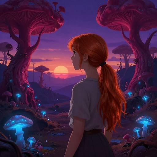 Digital illustration of a red-haired girl in profile, wearing a grey shirt, standing in a vibrant, glowing forest at sunset, surrounded by biolumines