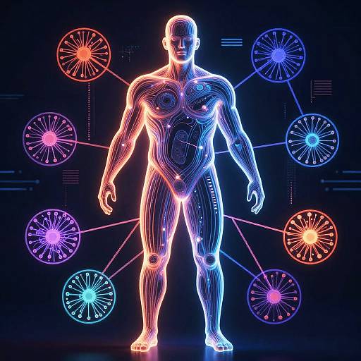 Neon-lit, wireframe human figure with glowing circles on a black background, highlighting internal systems and connections in vibrant colors. Digital art.