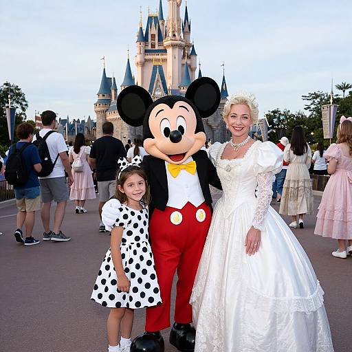 Photograph of a blonde bride in white lace gown, a child in black polka-dot dress, and Mickey Mouse at Disney Castle.