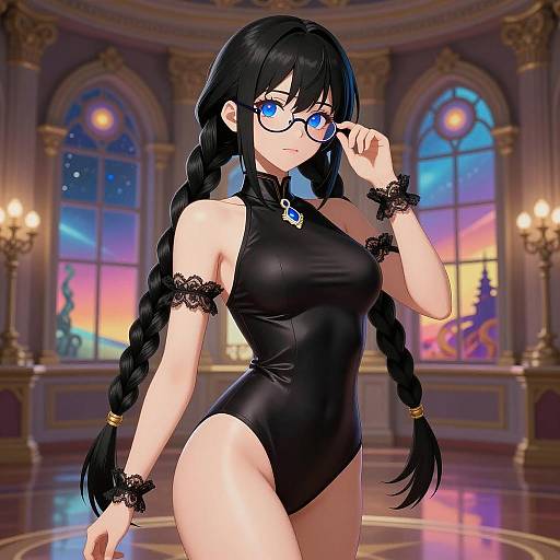 Stylized Anime Woman in Grand Ballroom