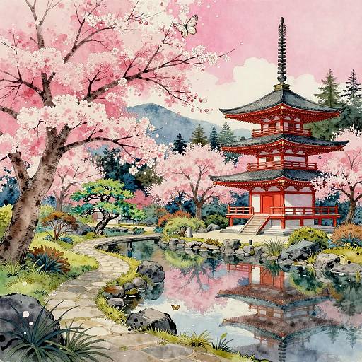 Vibrant Japanese Garden Watercolor Illustration