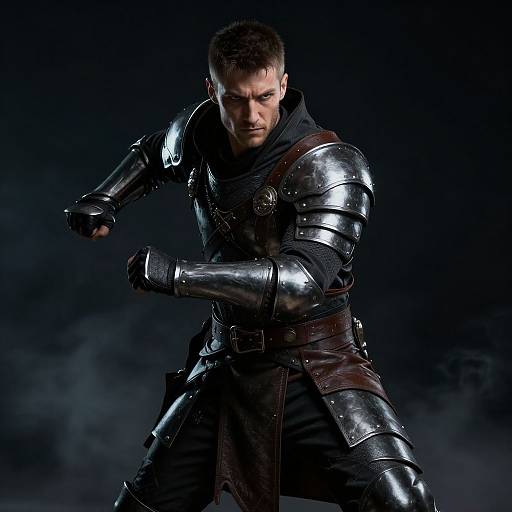 Photograph of a muscular, serious-looking man in shiny, black medieval armor with leather accents, fighting stance, dark background, intense expression.