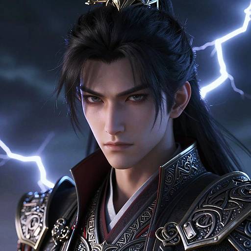 Digital artwork of a serious, dark-haired anime warrior with piercing eyes, wearing ornate, silver-embellished armor, set against a stormy