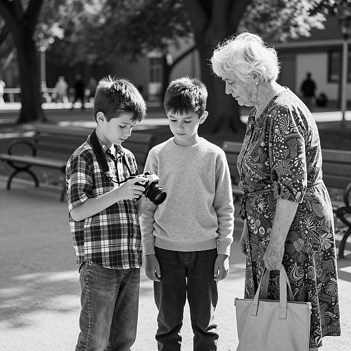 Black and White Park Photograph of Three
