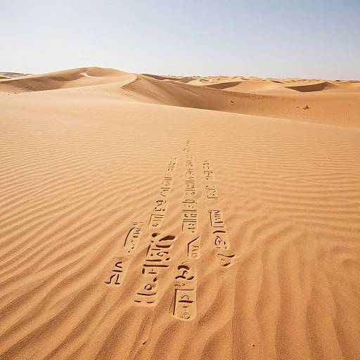 Photograph of a sunlit desert with rippled sand, featuring a vertical line of footprints with the words 