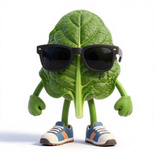 CGI image of a green leaf with large black sunglasses, green arms, and blue sneakers with white and orange stripes.