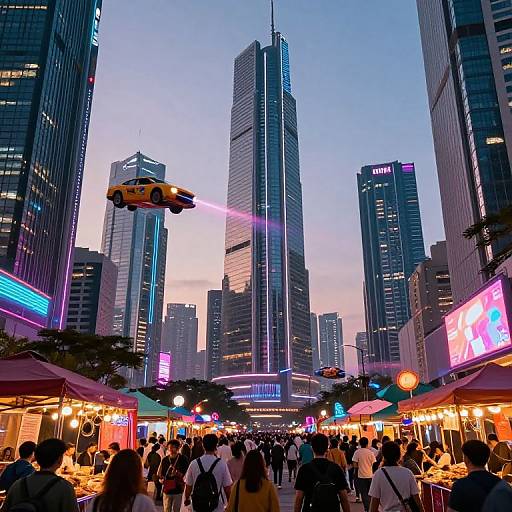 Photograph of a bustling urban street market at dusk, with a flying yellow taxi, tall skyscrapers, neon signs, and crowds.