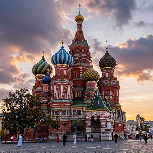 Photograph of St. Basil's Cathedral in Moscow, with colorful onion domes against a dramatic sunset sky, surrounded by people and trees.