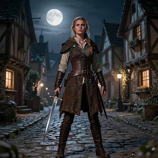 Medieval Rogue in a Moonlit Village