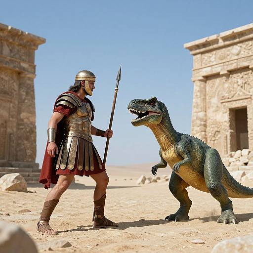 CGI image of a Roman soldier in bronze armor and helmet facing a green dinosaur with sharp teeth in a desert ruins setting. Soldier holds a spear,