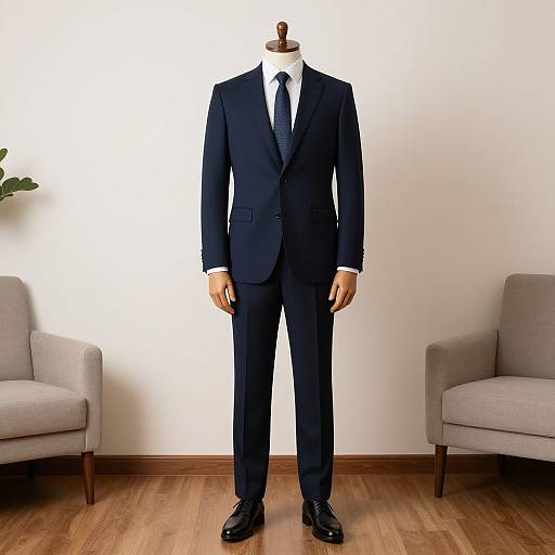 Photograph of a headless mannequin in a dark navy suit, white shirt, and black tie, standing on wooden floor between beige armch